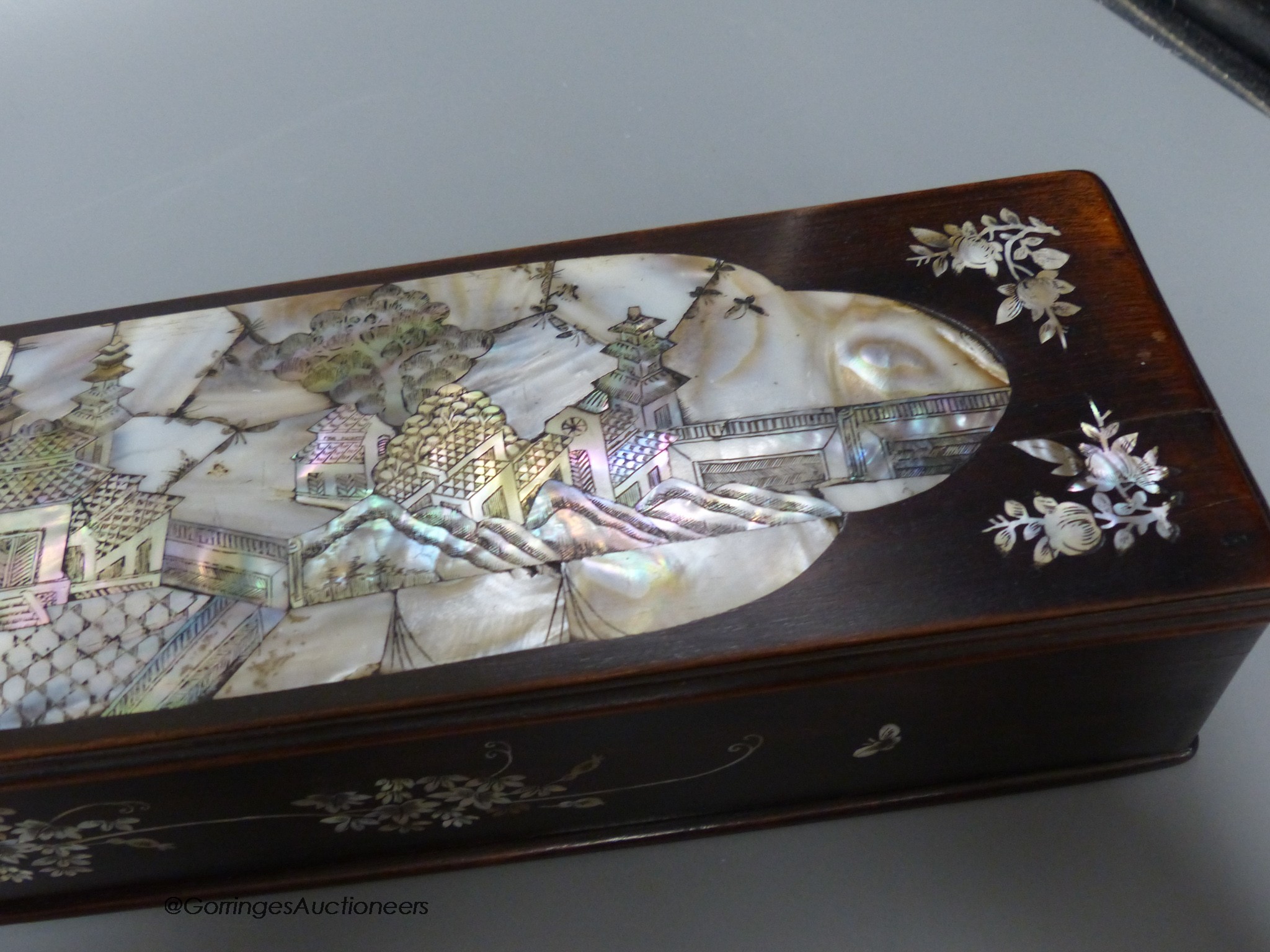 A Chinese Hongmu and mother of pearl brush box, 40cm long